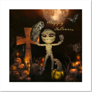 Funny halloween design with mummy, owl and pumpkin Posters and Art